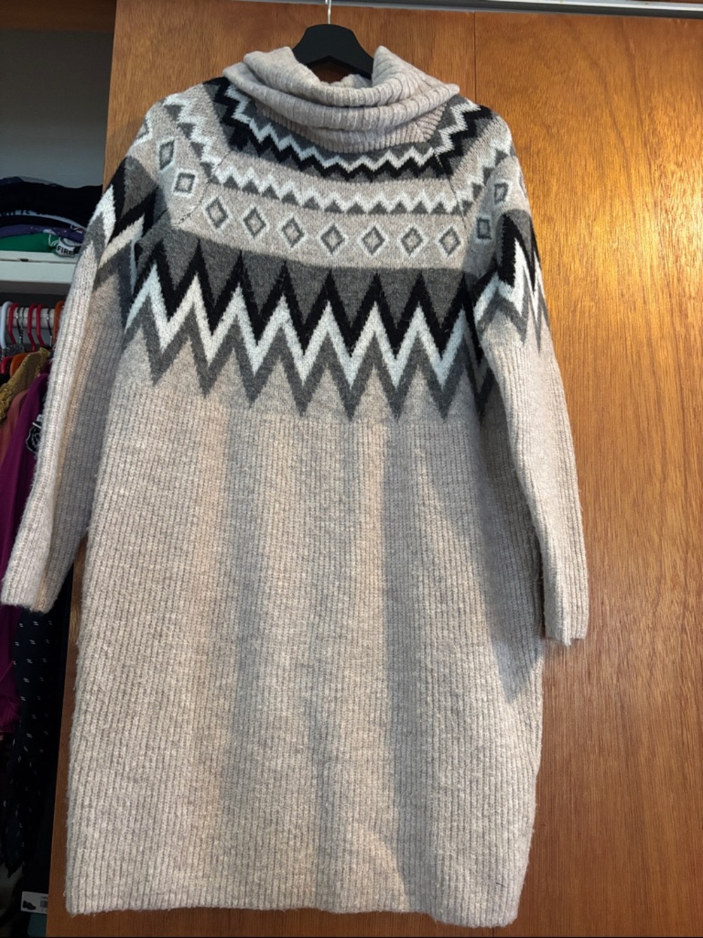 Express Neutral Fair Isle Cowl Turtleneck Sweater Dress - Beige, Black, Gray